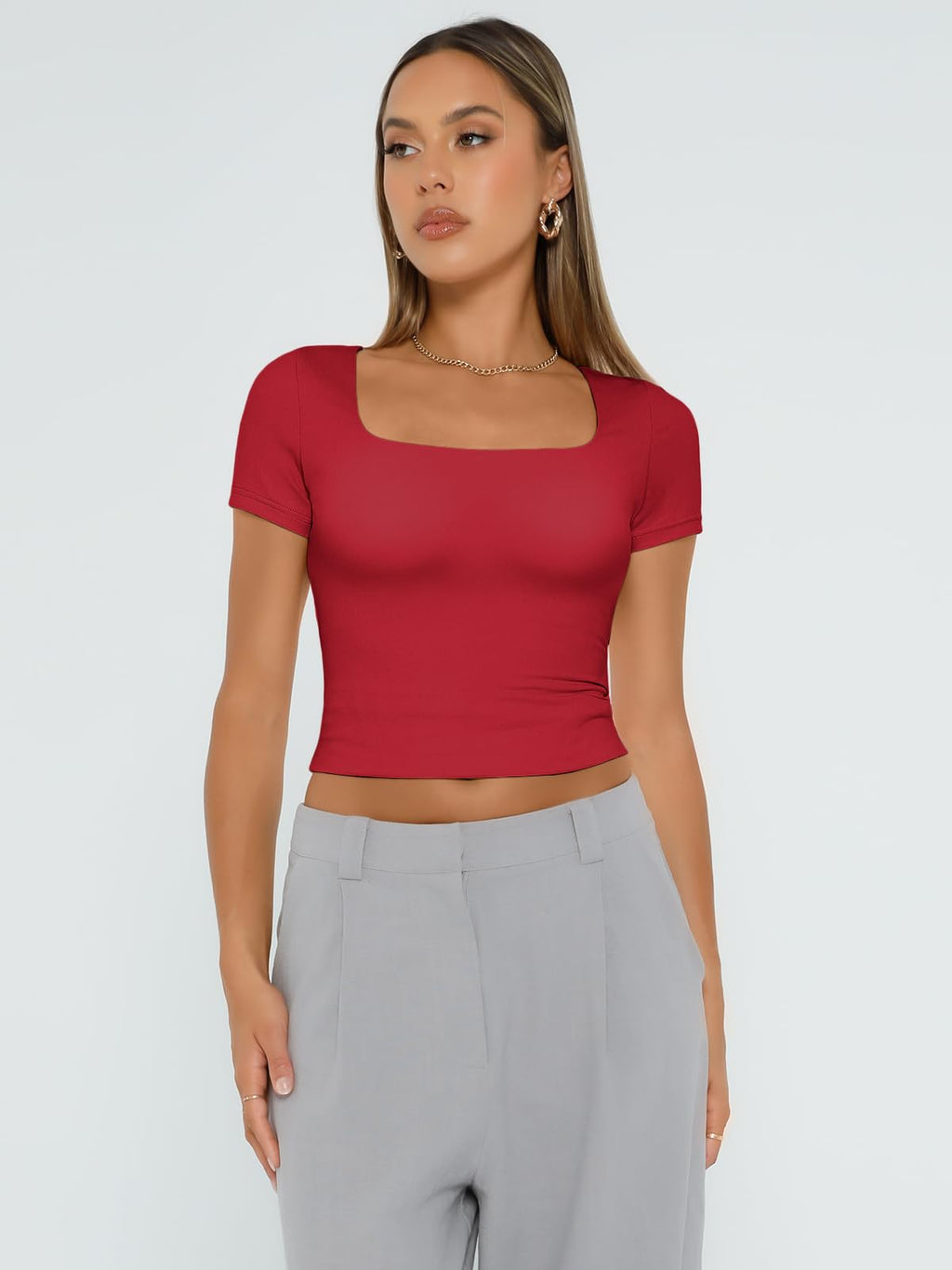Womens Short Sleeve T Shirts Double Lined Square Neck Crop Tops Basics Tees