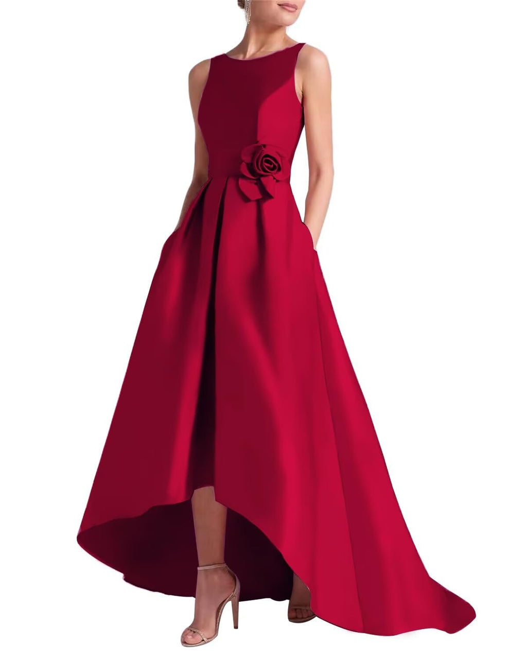 Women's 3D Flower Satin Mother of The Bride Dresses Hi-Low Formal Evening Party Gown