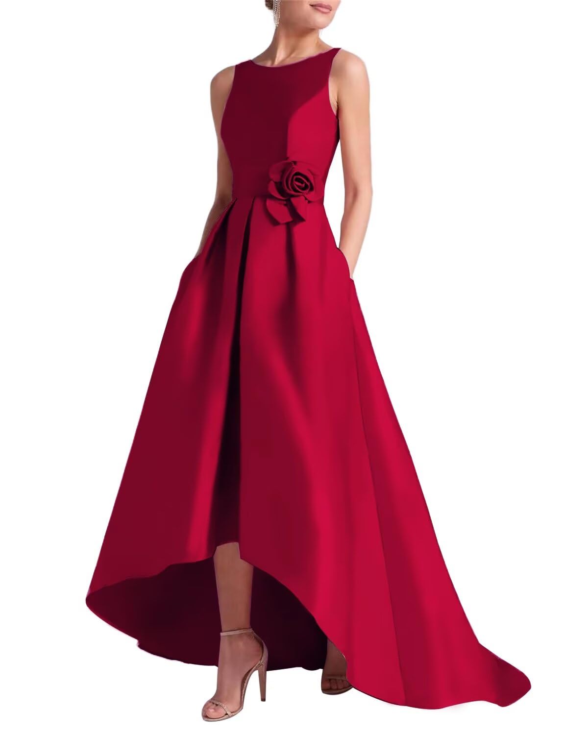 Women's 3D Flower Satin Mother of The Bride Dresses Hi-Low Formal Evening Party Gown