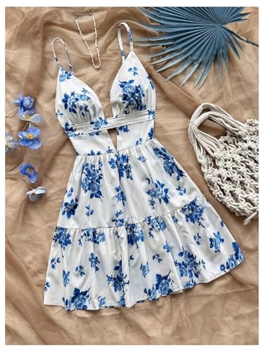 Women's Sleeveless Butterfly Print Cut Out V Neck Tiered Mini Cami Dresses