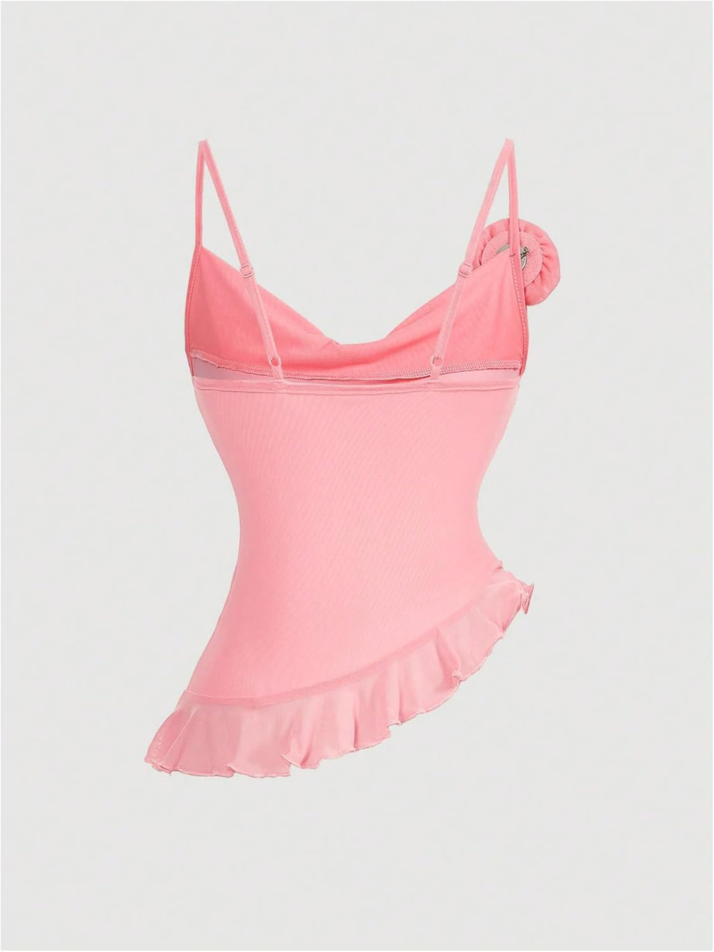 Women's 3D Floral Cowl Neck Ruched Mesh Cami Top Asymmetrical Ruffle Hem Camisole