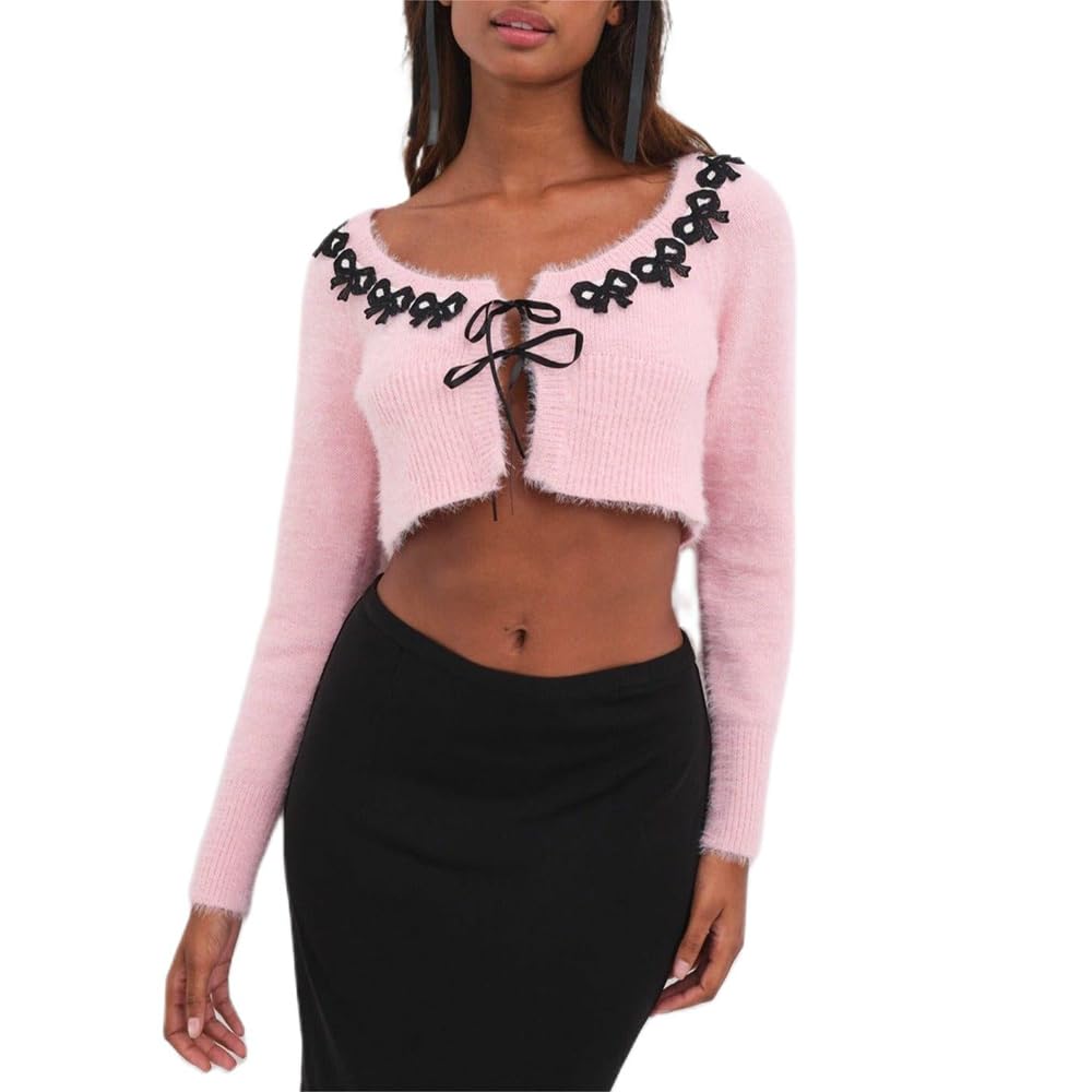 Women Y2k V Neck Sweater Retro Low Cut Long Sleeve Pullover Top E-Girl Cute Solid Loose Fit Lace Up Going Out Jumper