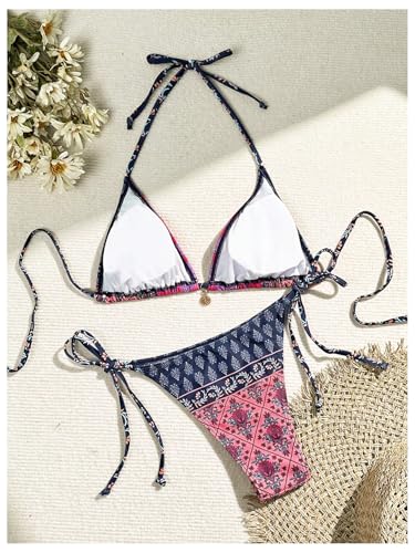 Women's 2 Piece Paisley Print Swimsuit Boho Halter Backless High Cut String Bikini Set