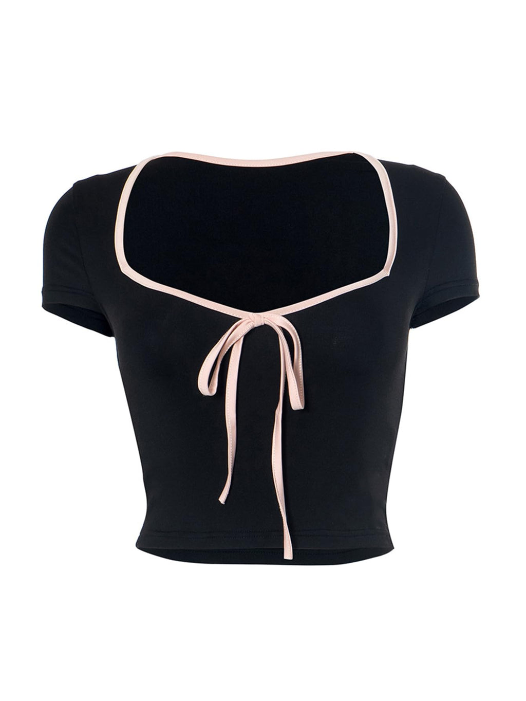 Womens Summer Short Sleeve Bow Square Neck Baby Tees Color Block Basic Crop Tops