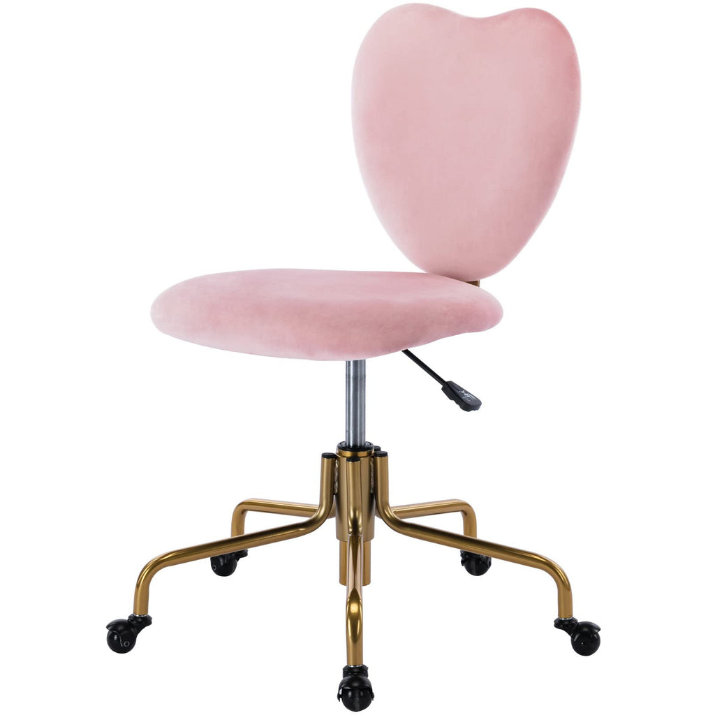 Coquette Adjustable Swivel Desk Chair with Wheels, Pink Upholstered Velvet Office Vanity Task Chair with Heart Back