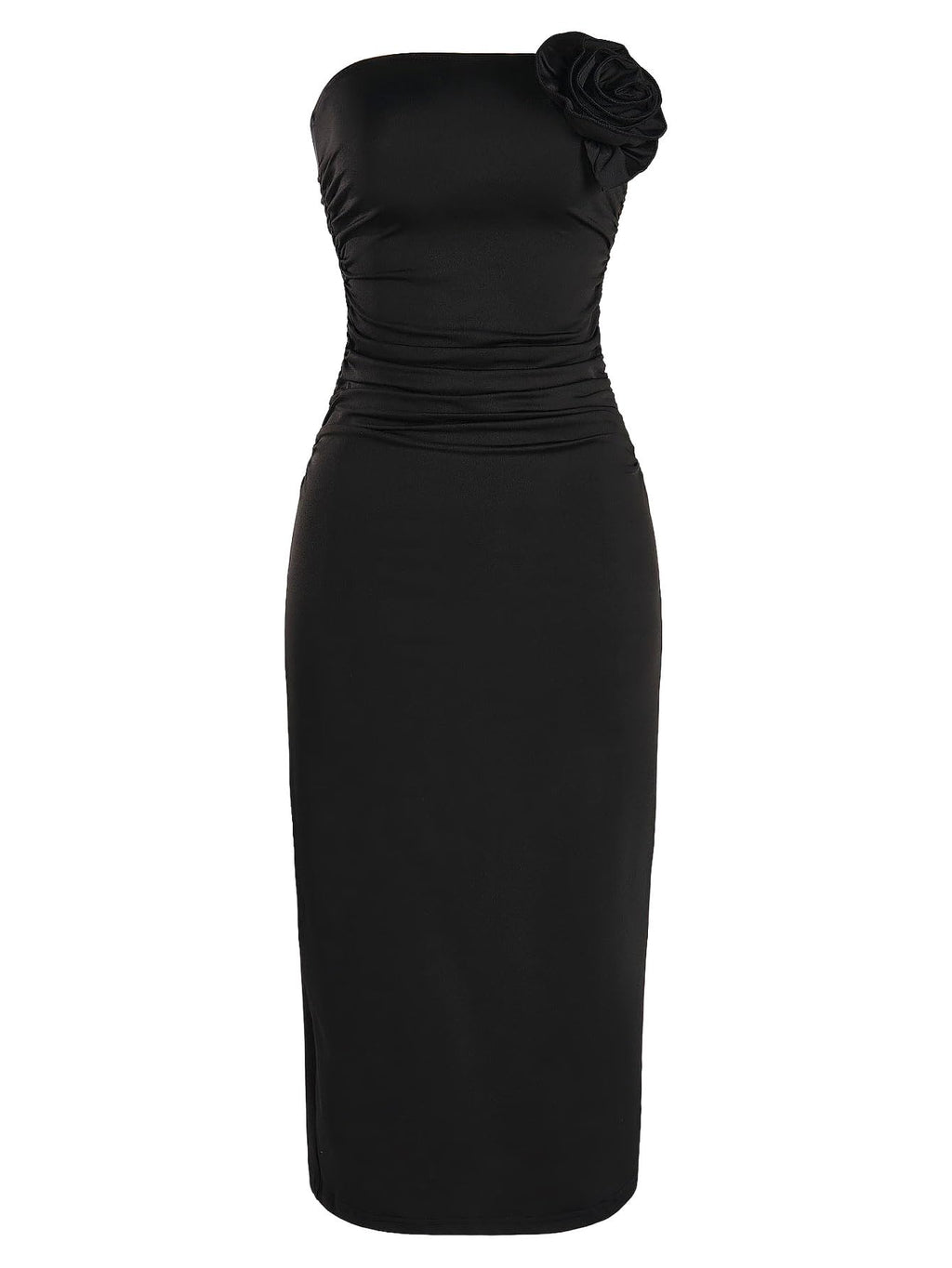 Women's 3D Flower Strapless Bodycon Dress Ruched Slit Hem Wedding Guest Maxi Tube Dresses