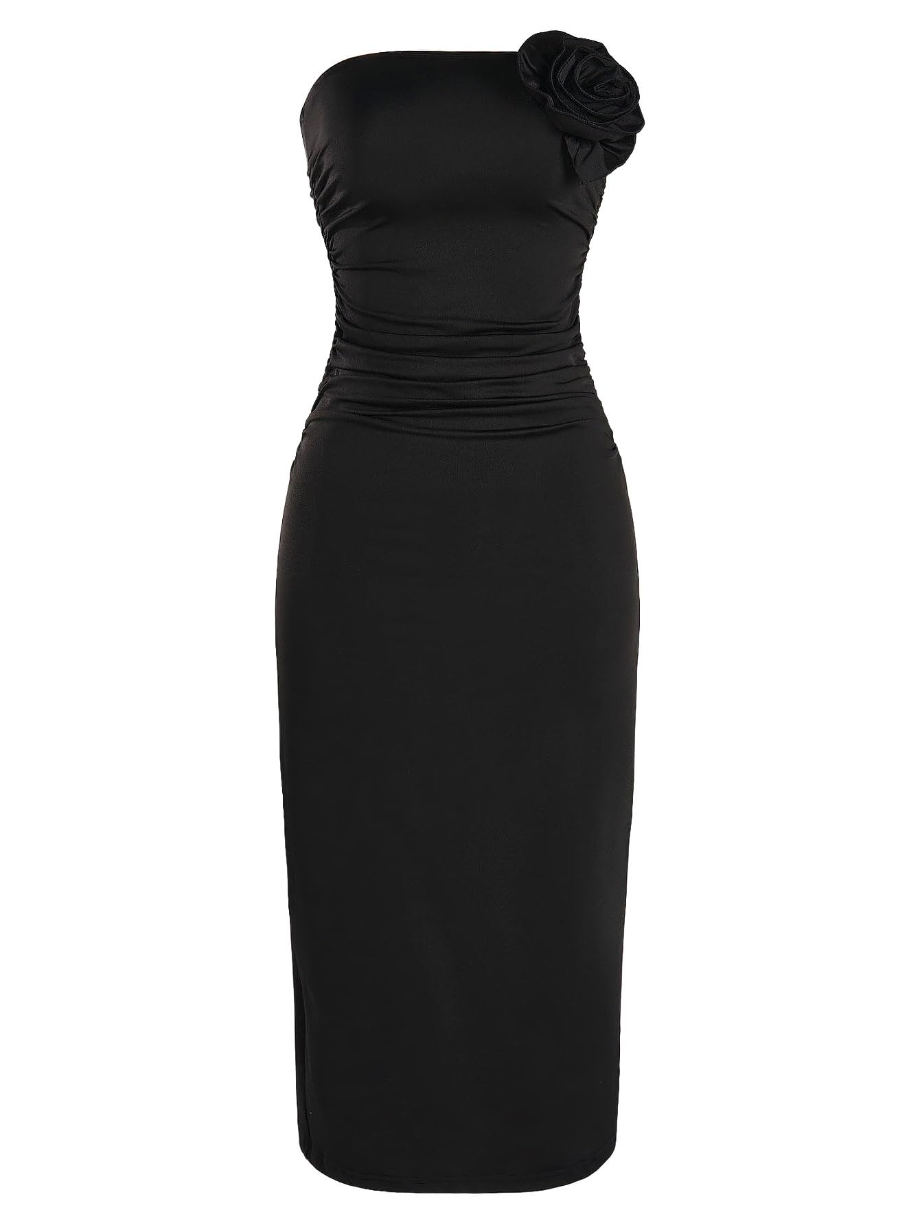 Women's 3D Flower Strapless Bodycon Dress Ruched Slit Hem Wedding Guest Maxi Tube Dresses