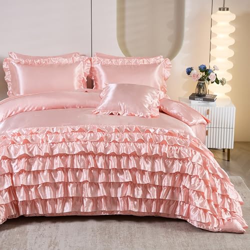 Ruffle Comforter Set 8 Pieces Satin Comforter Set with Sheet Set - Waterfall Ruffle Design Luxurious Silky Comforter Set