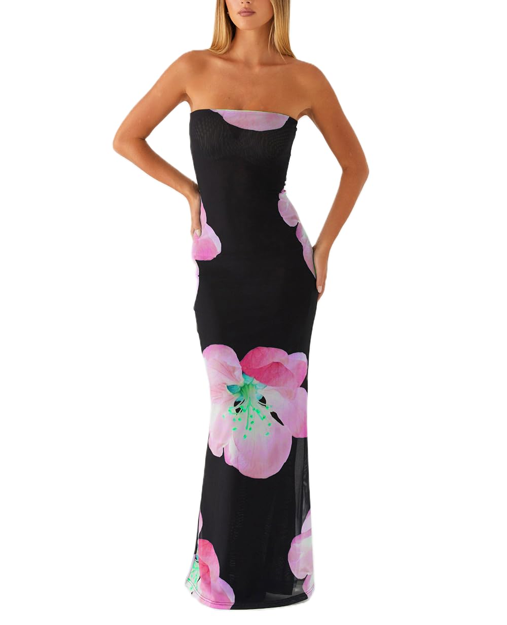 Women Y2k Floral Strapless Dress Sexy Backless Tube Maxi Dress Sleeveless Mesh Bodycon Long Dress