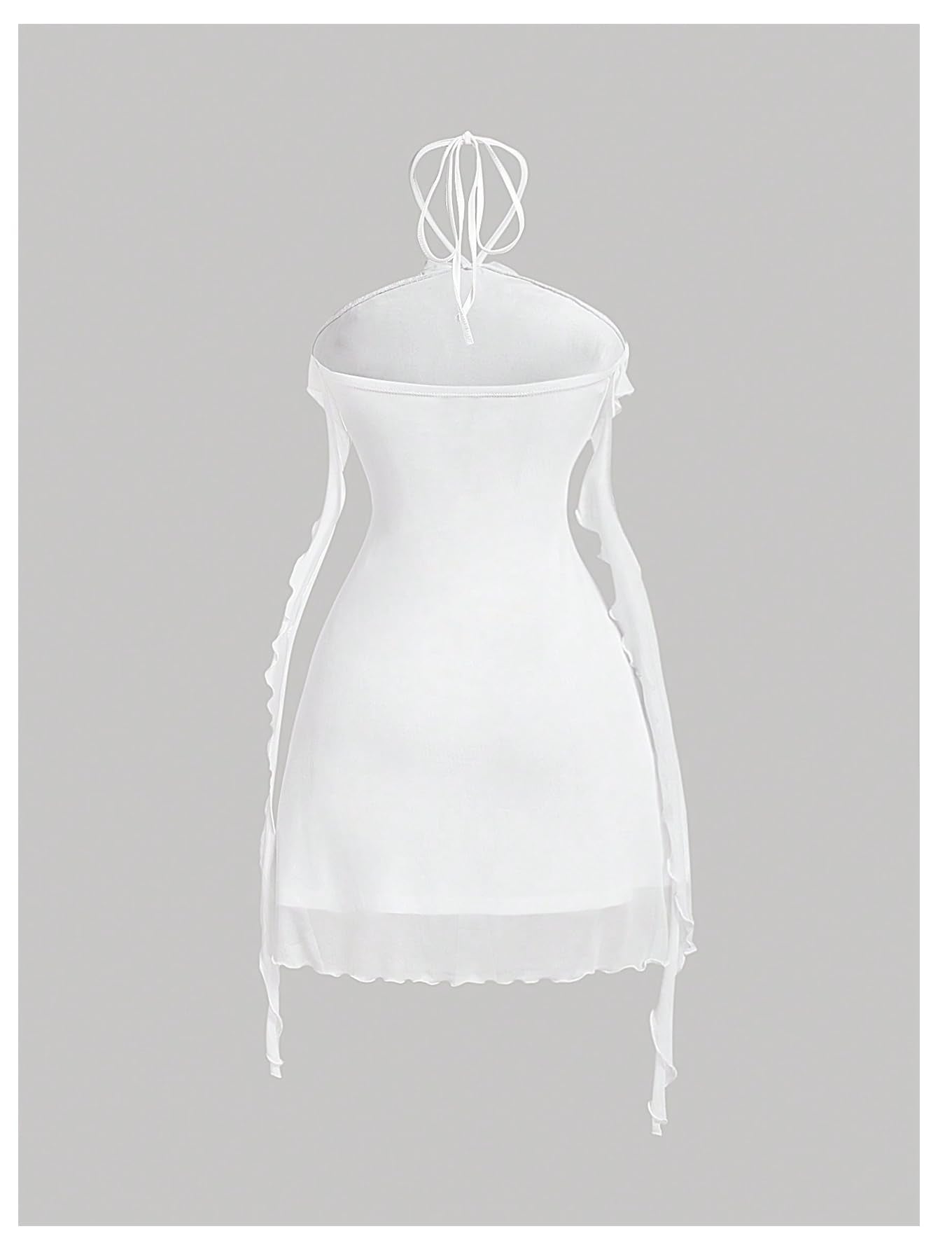 Women's Floral Mesh Halter Bodycon Mini Dress Ruffle Tassel Open Back Tube Dress