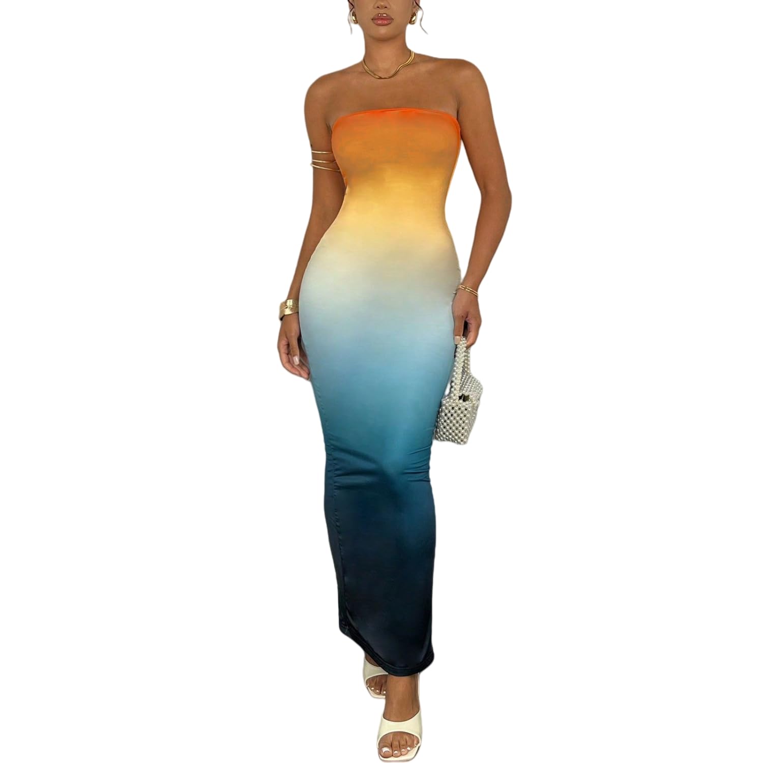 Women's Summer Gradient Strapless Tube Dress Bodycon Long Dress Side Slit Mesh Layered