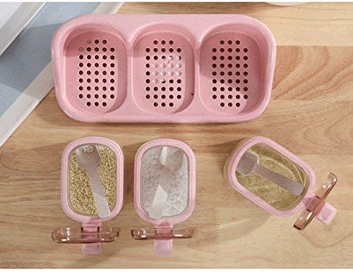 Pink Glass Transparent Spice Jar Seasoning Box Set Kitchen Container Tools Condiment Jars Cruet with Cover and Spoon Kitchen Utensils Supplies Salt Cellar with Lid (with base)