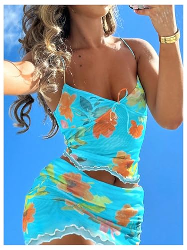 Women's Summer Mesh Mini Skirt Sets 2 Piece Sexy Crop Camisole Tops Skirts Y2K Suit Going Out Outfits