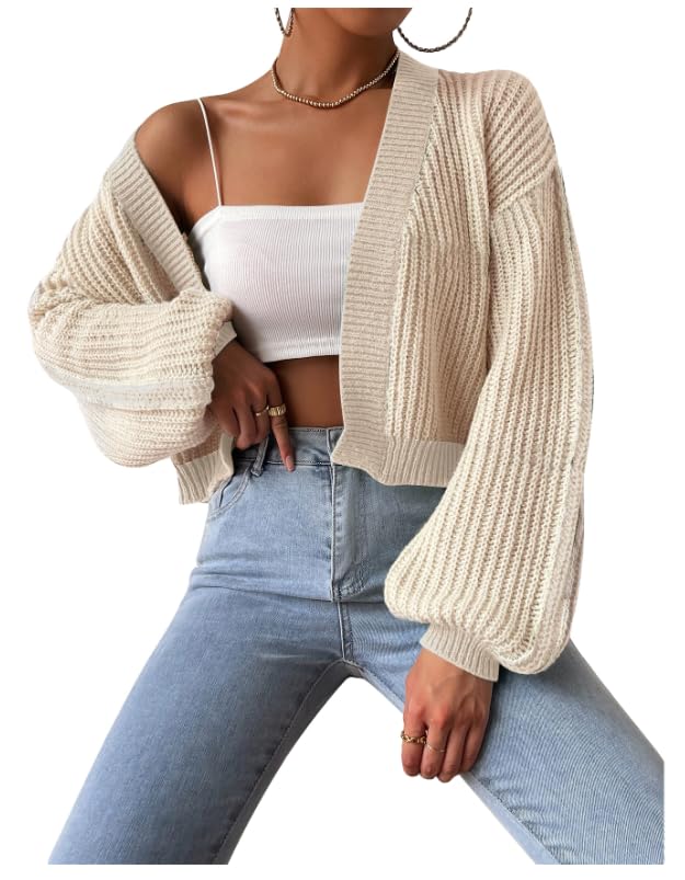 Women's Color Block Crop Cardigan Top Bishop Long Sleeve Open Front Sweater