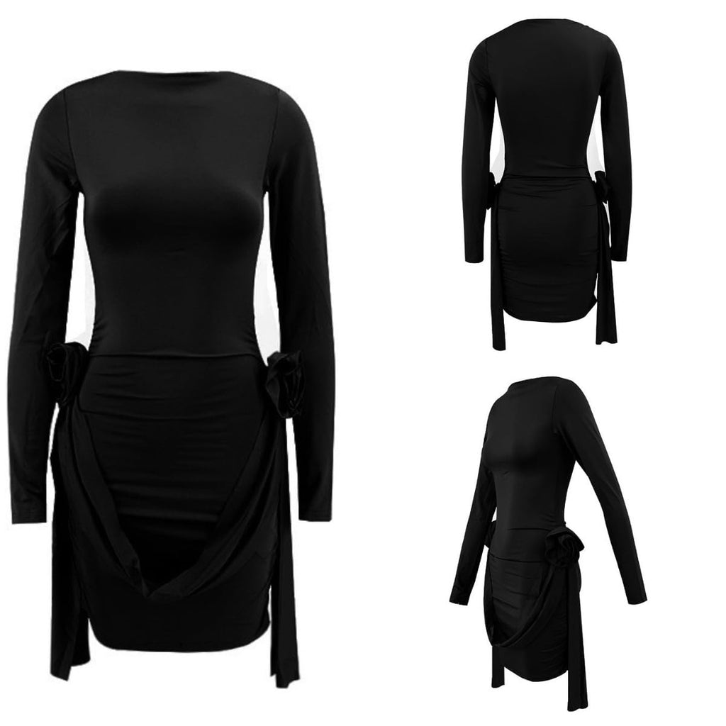 Women's Sexy Pleated Long Sleeve Mini Dress Bodycon 3D Floral Ruched Tassels Y2K Party Club Short Dresses