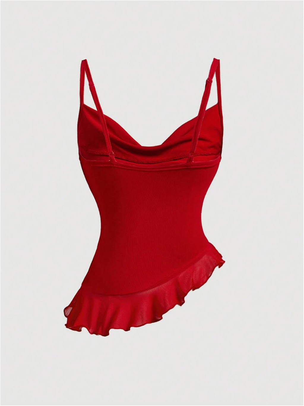 Women's 3D Floral Cowl Neck Ruched Mesh Cami Top Asymmetrical Ruffle Hem Camisole