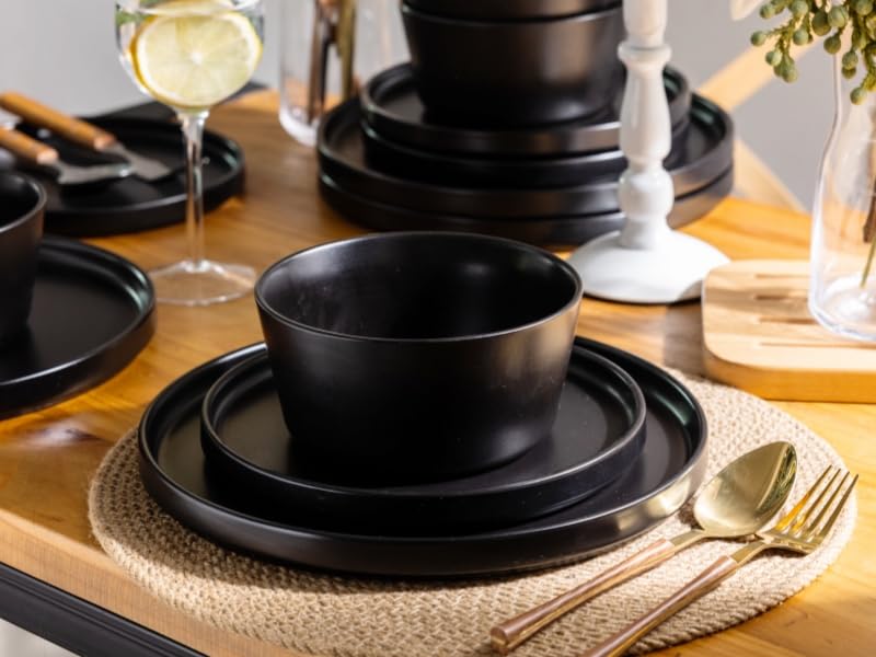 Ceramic Dinnerware Sets for 4, Modern Flat Stoneware Plates and Bowls Sets,Chip and Crack Resistant | Dishwasher & Microwave Safe Dishes Set, Scratch Resistant- Service for 4 (12pc)