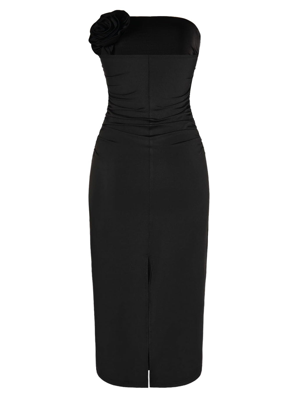 Women's 3D Flower Strapless Bodycon Dress Ruched Slit Hem Wedding Guest Maxi Tube Dresses