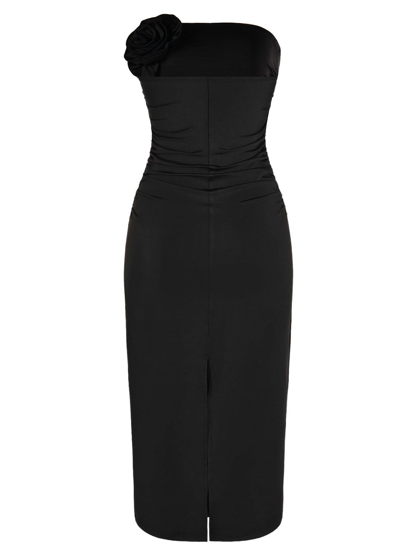 Women's 3D Flower Strapless Bodycon Dress Ruched Slit Hem Wedding Guest Maxi Tube Dresses