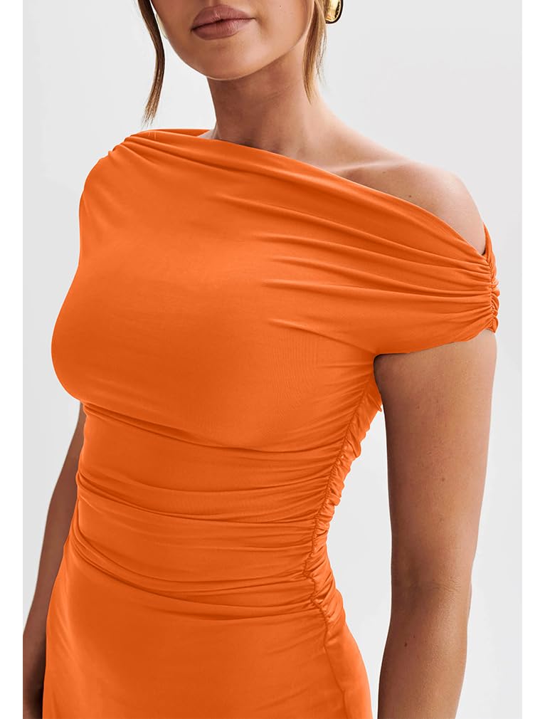 Women's Off Shoulder Trendy Ruched Stretch Bodycon Cocktail Party Flare Mini Dress