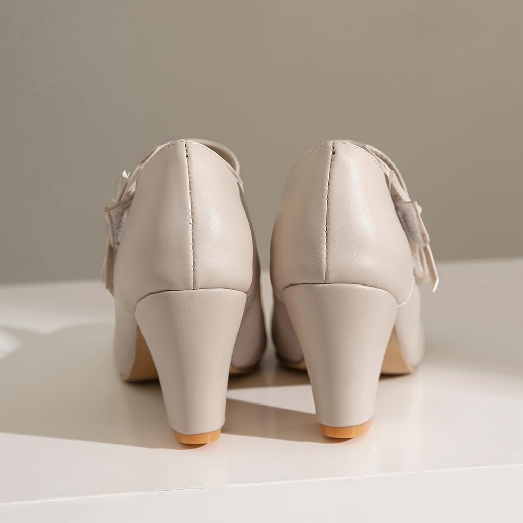 Women's Bow Mary Jane Dress Pumps Shoes Chunky Block High Heels Round Toe Shoes