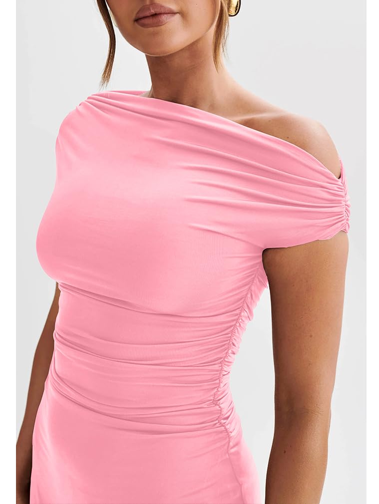 Women's Off Shoulder Trendy Ruched Stretch Bodycon Cocktail Party Flare Mini Dress