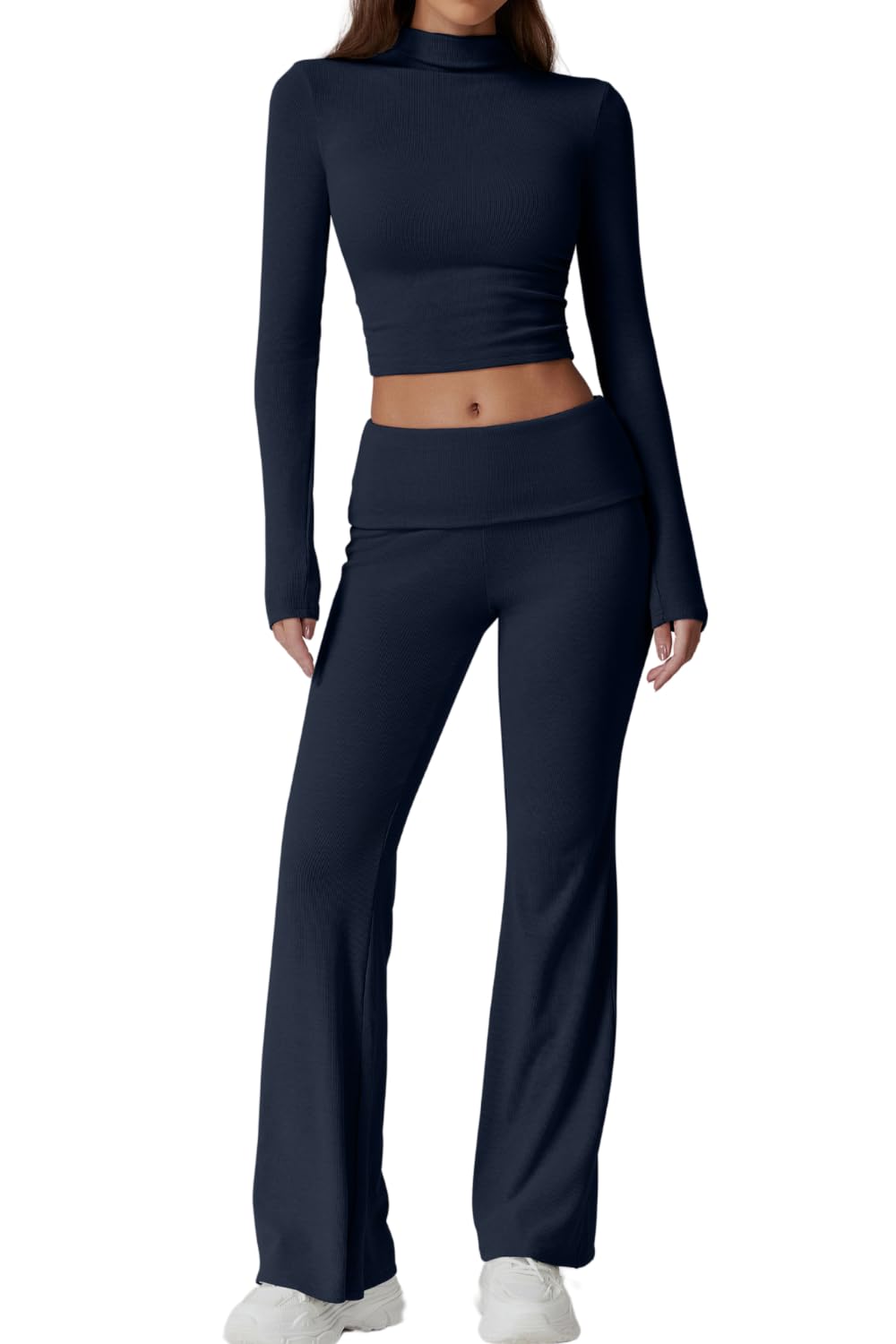 Womens 2 Piece Lounge Sets Mock Neck Long Sleeve Tops with Side Ruched Fold Over Flare Pants Comfy Tracksuits