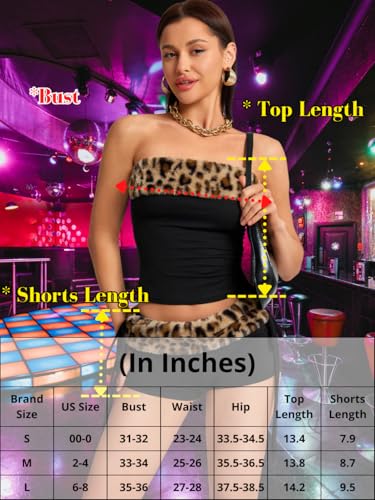 Sexy 2000s 2 Piece Leopard Club Outfits, Ruched Tube Strapless Crop Top, Low Rise Booty Shorts