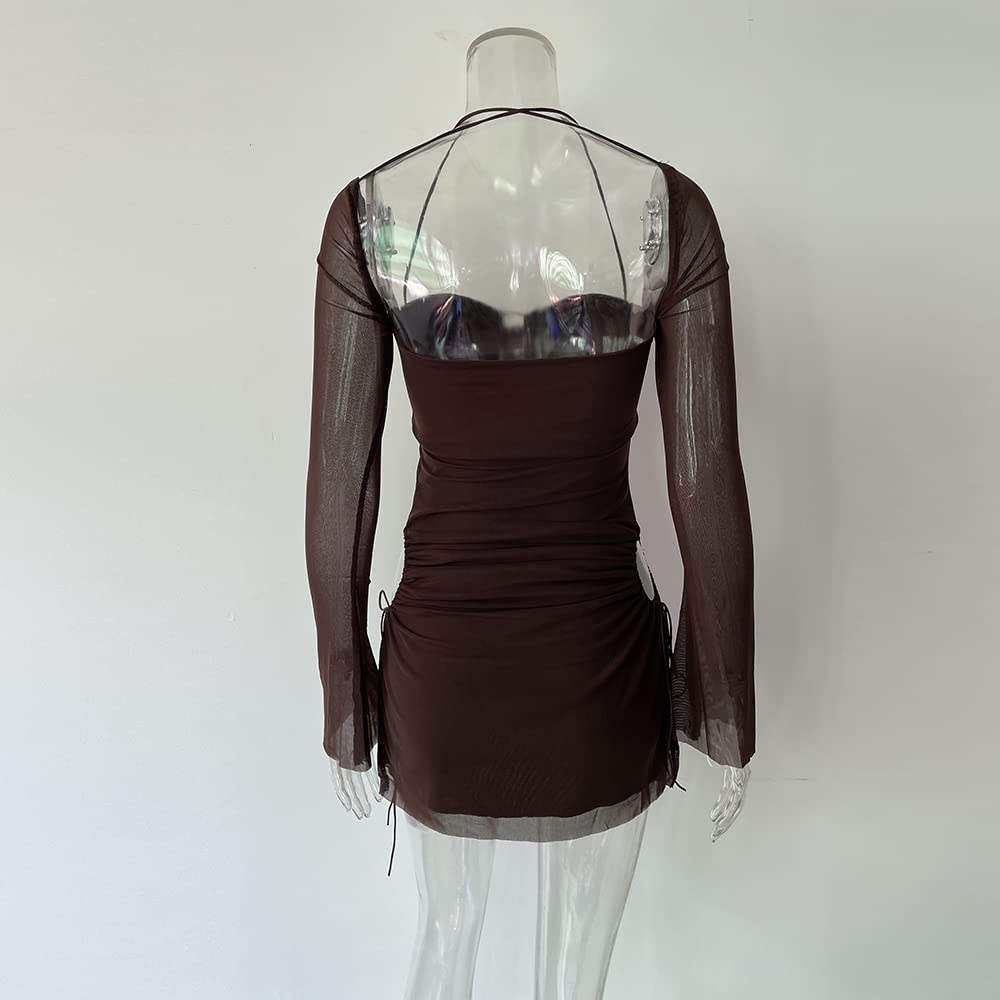 Women Long Puff Sleeve Mini Bodycon Split Hem Mesh Dress Party Dress