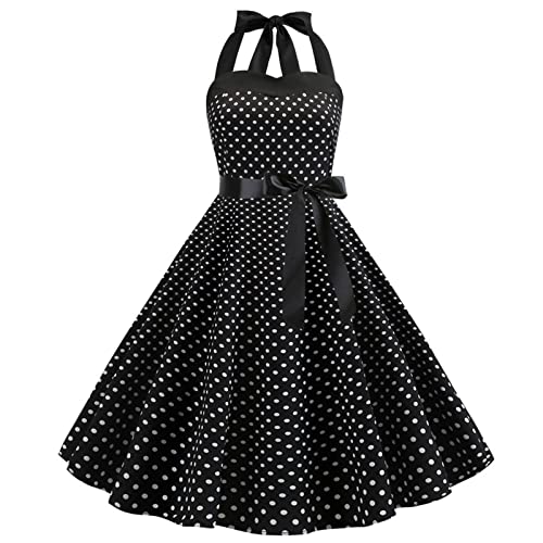 Vintage Women 1950s Rockabilly Swing Dress Pinup 50s Retro Hepburn Style Halterneck A-Line Dresses
