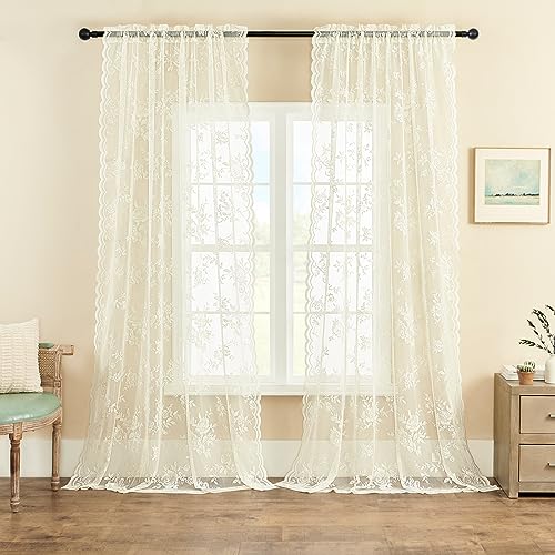 Lace Curtains 2 Panels Set Victorian Floral Sheer Curtains for Living Room Bedroom Girls Room Rod Pocket Light Filtering Romantic French Drapes Window Decor