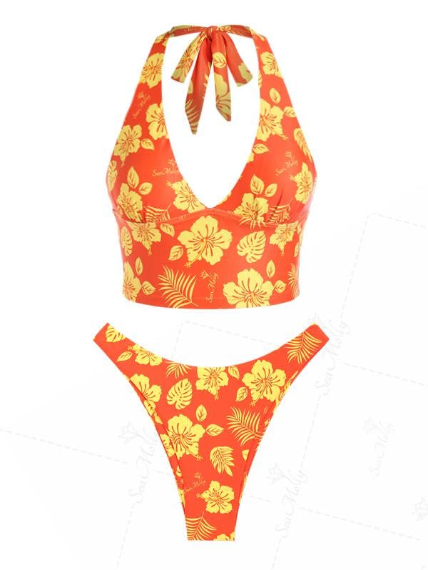 Floral Halter Tied Cheeky Tankini Set