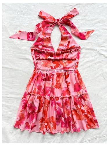 Women's Floral Print Sleeveless Halter Neck Layered Hem A Line Mini Dress