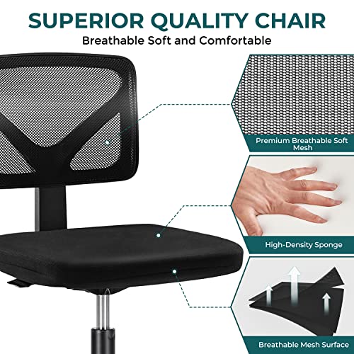 Vanity Swivel Armless Desk Chairs with Wheels, Ergonomic Adjustable Home Office Rolling Task Chair, Comfy Mesh Mid Back
