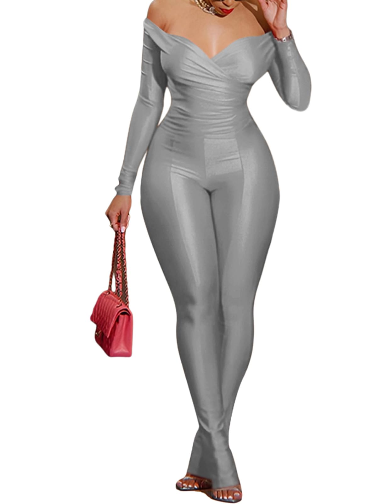 Women 2 Piece Outfits - Sexy Off Shoulder Tops Bodycon Flared Pant Sets