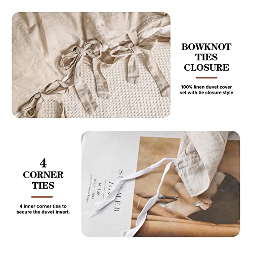 The 100% Linen Duvet Cover Set, 3 Pieces Belgian Flax Breathable Bedding,(1 Comforter Cover+2 Pillowshams) with Tie Closure Style