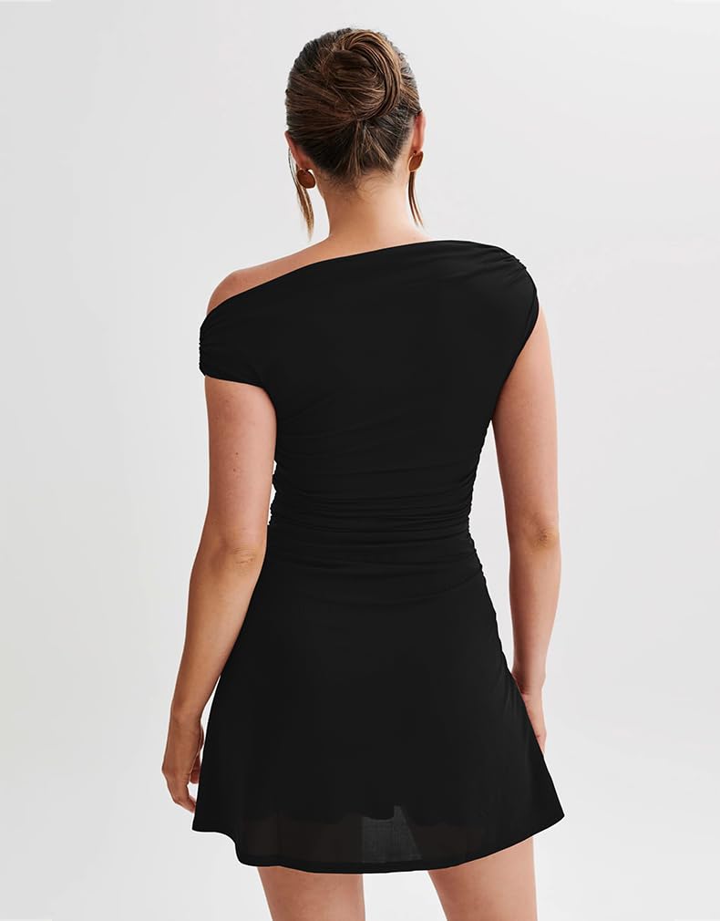 Women's Off Shoulder Trendy Ruched Stretch Bodycon Cocktail Party Flare Mini Dress