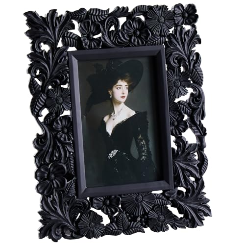 Vintage Ornate Daisy Textured Photo Frame, Hand-Crafted Resin Antique Frame with Glass Front, Easel, Hook & Mat for Tabletop Display, Retro Design Home Decor