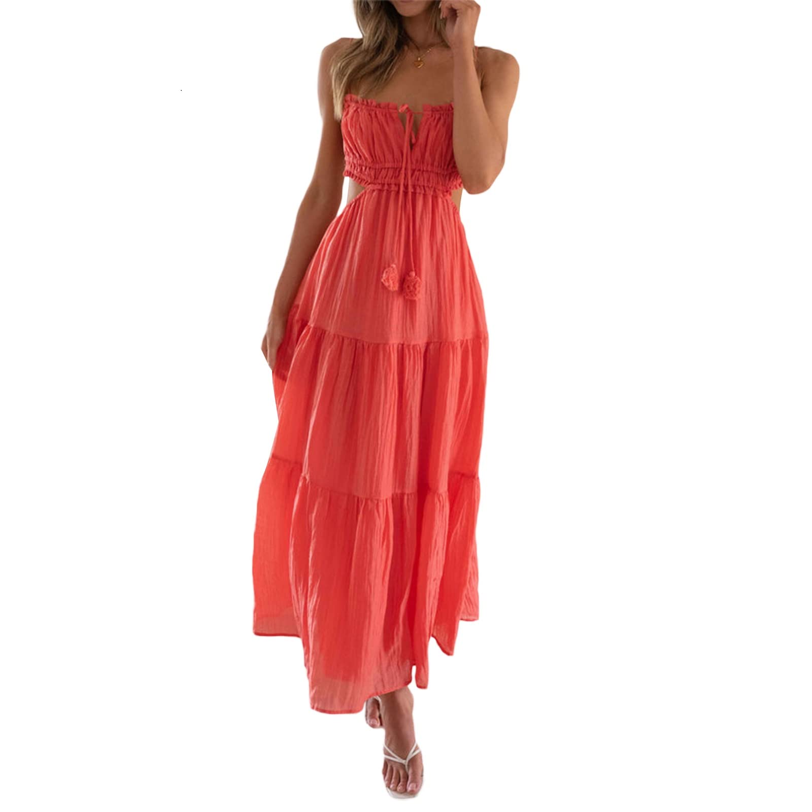Women Y2k Bodycon Long Dress Spaghetti Strap Low Cut Dress Casual Backless Flowy Maxi Dress Sexy