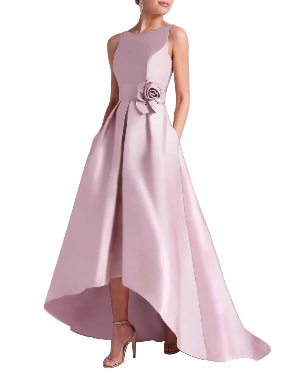 Women's 3D Flower Satin Mother of The Bride Dresses Hi-Low Formal Evening Party Gown