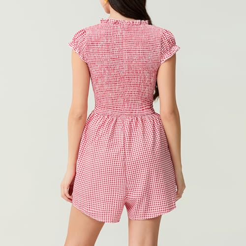 Women's Gingham Mini Dress Short Sleeve Bow Deep V Neck Smocked Waist Slim Fit Retro Plaid Dresses Y2k Sundress