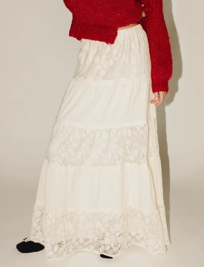 Lace Maxi Skirt High Waist Ruffle A-Line Flare Long Skirt