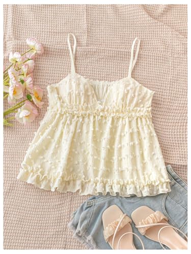 MakeMeChic Women's V Neck Spaghetti Strap Camisole Sleeveless Ruffle Hem Y2K Tank Tops