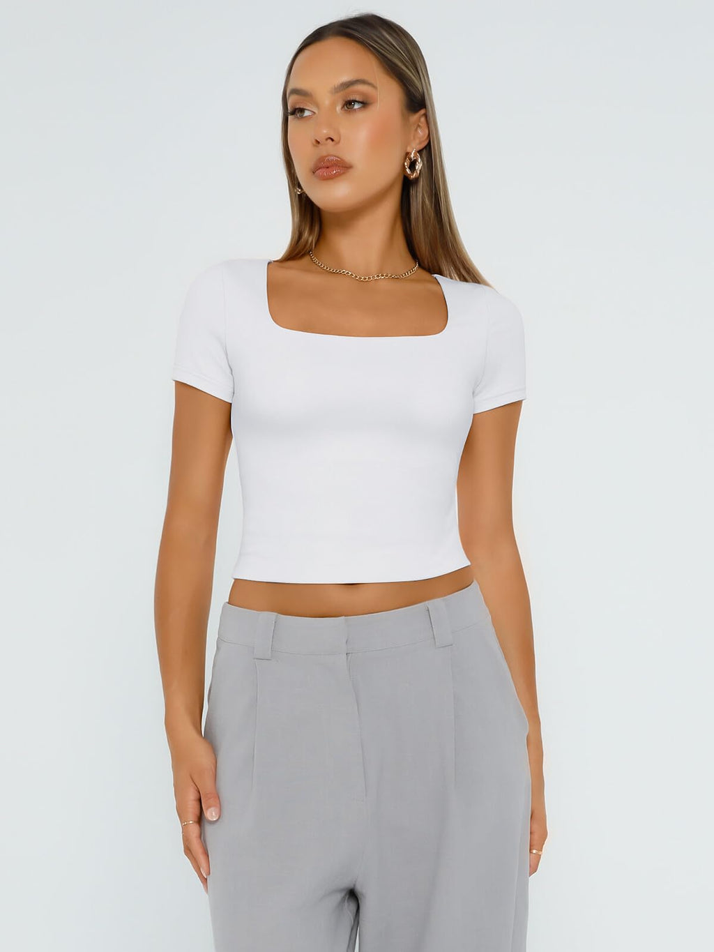 Womens Short Sleeve T Shirts Double Lined Square Neck Crop Tops Basics Tees