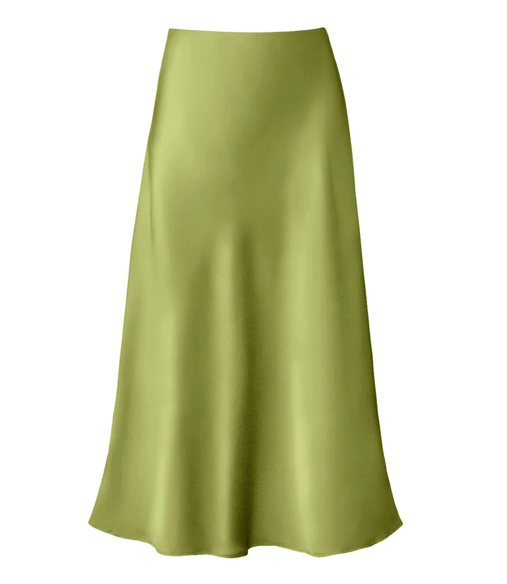 Women's Satin High Waist Hidden Elasticized Waistband Flared Casual A Line Midi Skirt