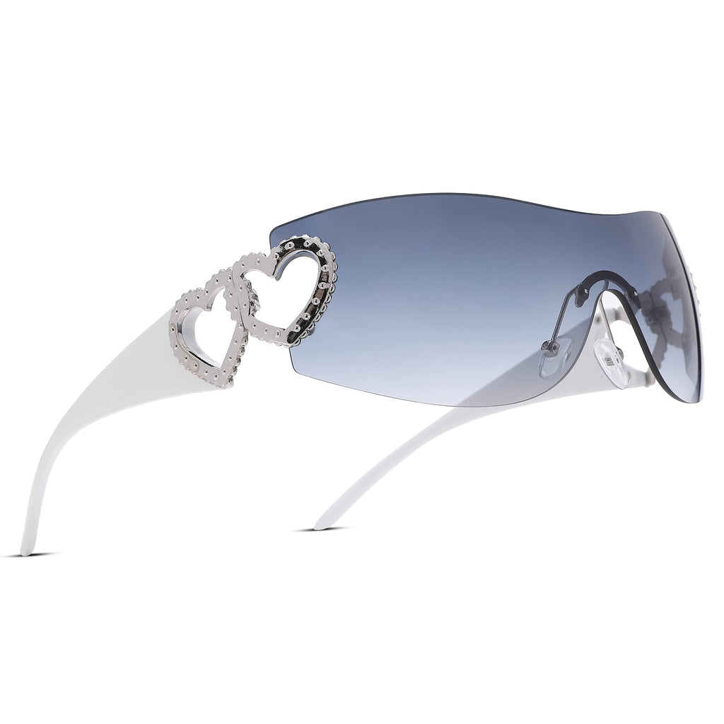 Wrap Around Heart Rhinestones Rimless Sunglasses Women Men, Oversized Fashion Futuristic Sun Glasses Cool Shade 2000S Trendy