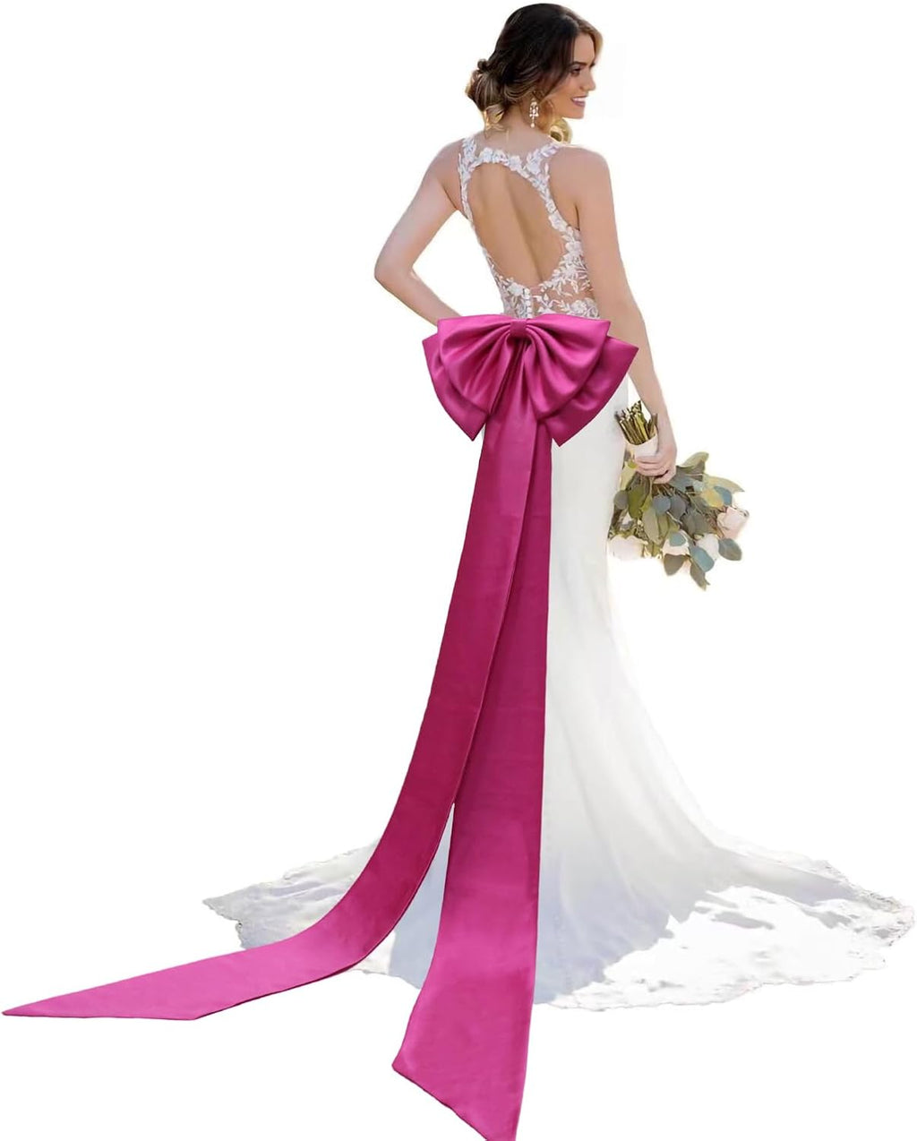 Detachable Big Bow Long Train Satin Bowknot Sweep Train Waist Sash Belt Bowknot for Wedding Formal Dress