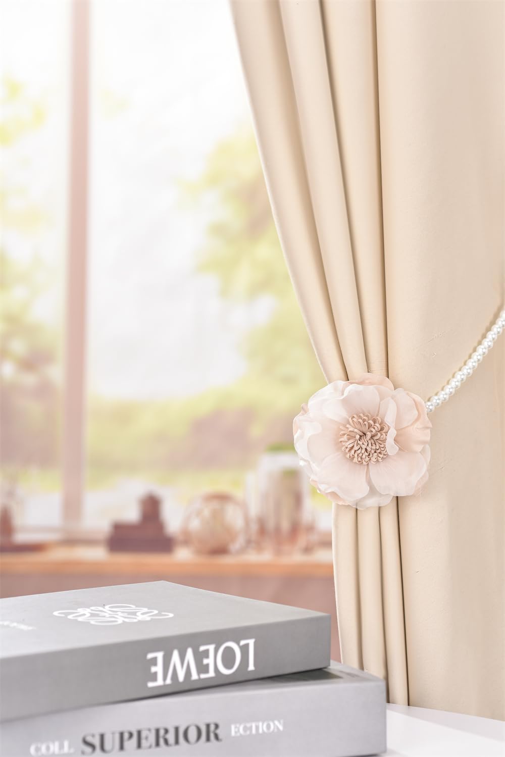 Elegant Pearl Magnetic Curtain Tieback with Handmade Flower Decorative Drapery Holdbacks Rope Holder