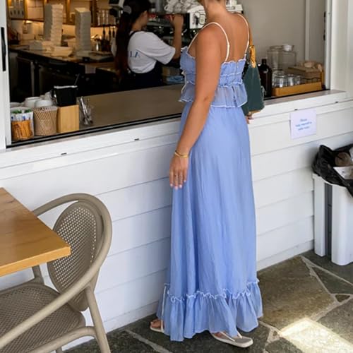 Women 2 Piece Outfits Y2k Sleeveless Lace Trim Cami Tops and Ruffle Ruched Maxi Skirt Matching Set