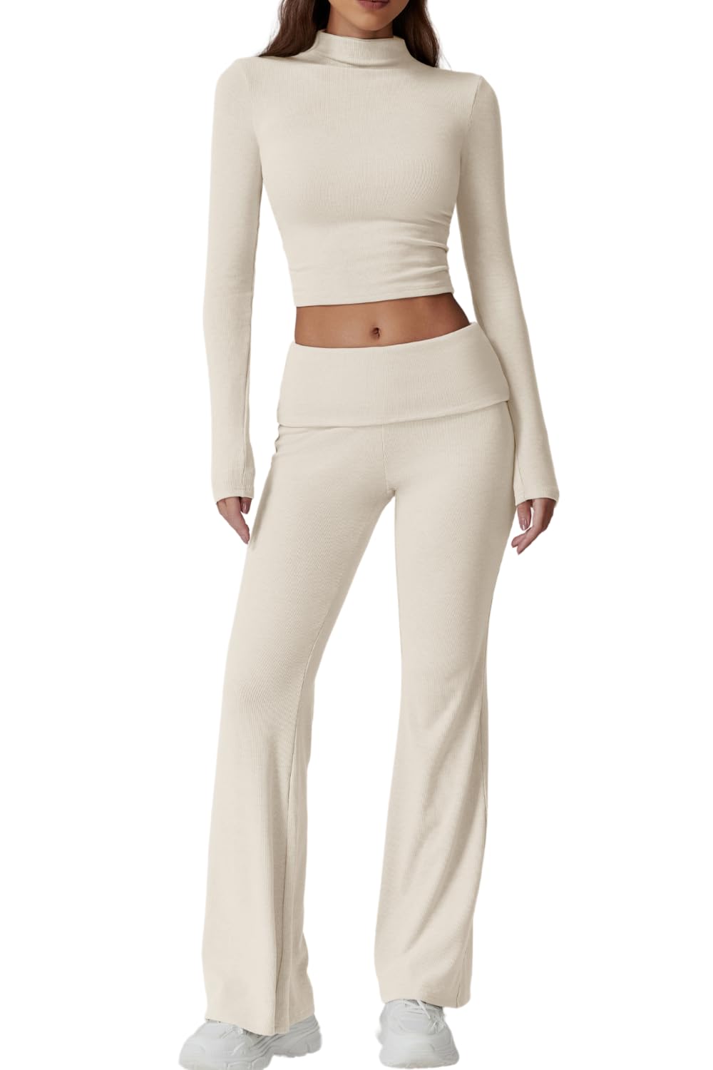 Womens 2 Piece Lounge Sets Mock Neck Long Sleeve Tops with Side Ruched Fold Over Flare Pants Comfy Tracksuits